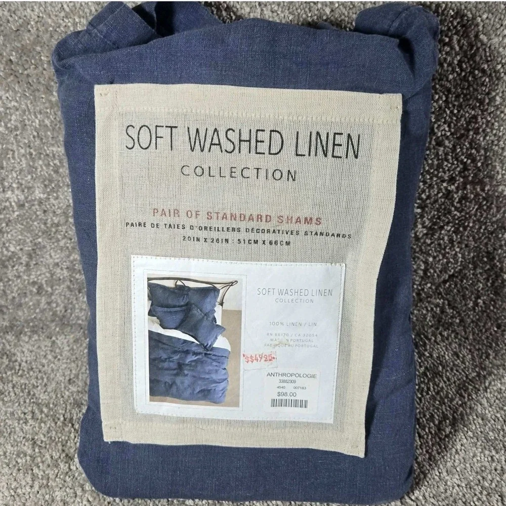 Anthropologie Standard Shams Navy Blue Soft Washed Linen Set of 2 - 20x26in